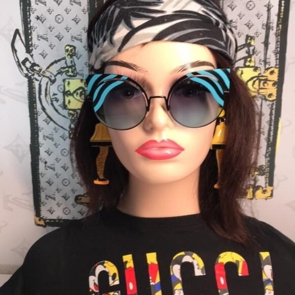 New Authentic Stylish Black and Blue Cat-Eye Sunglasses FF0215/S 0LBJF - Picture 1 of 12